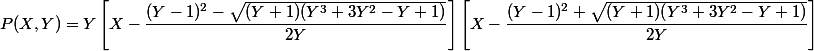 P(X,Y)=Y\left[X-\dfrac{(Y-1)^2-\sqrt{(Y+1)(Y^3+3Y^2-Y+1)}}{2Y} \right]\left[X-\dfrac{(Y-1)^2+\sqrt{(Y+1)(Y^3+3Y^2-Y+1)}}{2Y} \right]